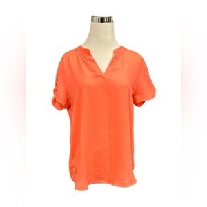 Sweet Rain Chiffon V-Neck Rolled Cuff Women's Top Pink/Orange Med minor defect
